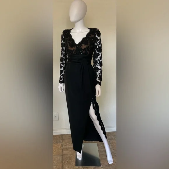 Mignon Dresses | Mignon Black Lace Maxi Long Sleeve Evening Dress Size 6 | Color: Black | Size: 6